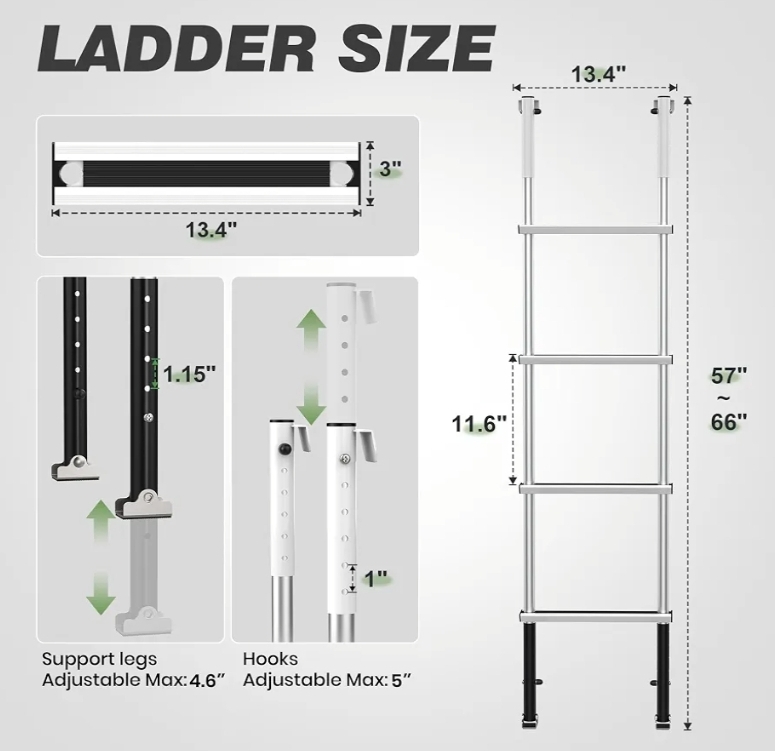 RV Bunk Ladder, 11-Level Adjustable 57"-66", Wide Anti-Slip Steps - Image 5