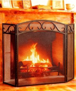 Fireplace Screen 3 Panel with Handles Wrought Iron 51"(L) x31(H) Spark Guard Cover (Sanded Black)