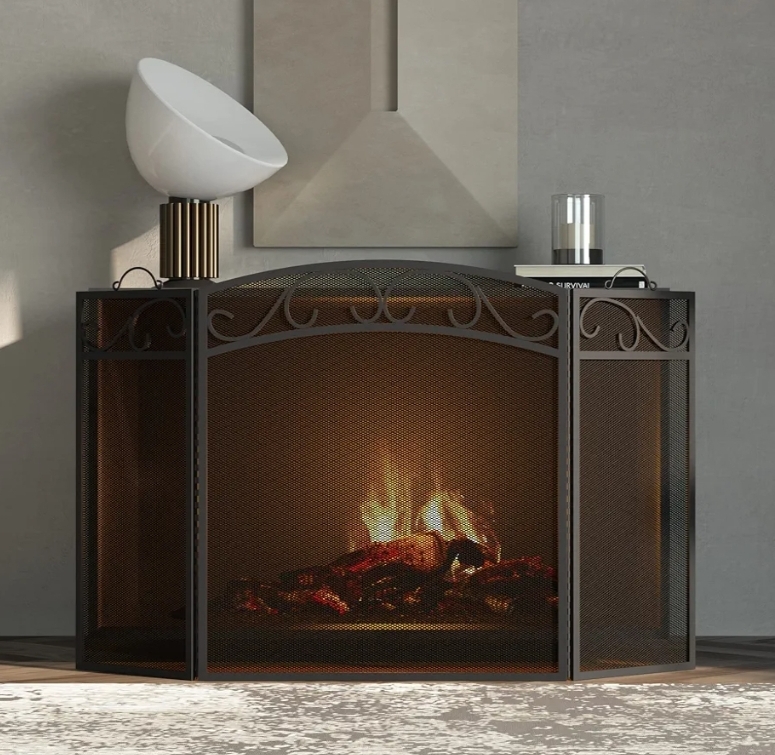 Fireplace Screen 3 Panel with Handles Wrought Iron 51"(L) x31(H) Spark Guard Cover (Sanded Black) - Image 6