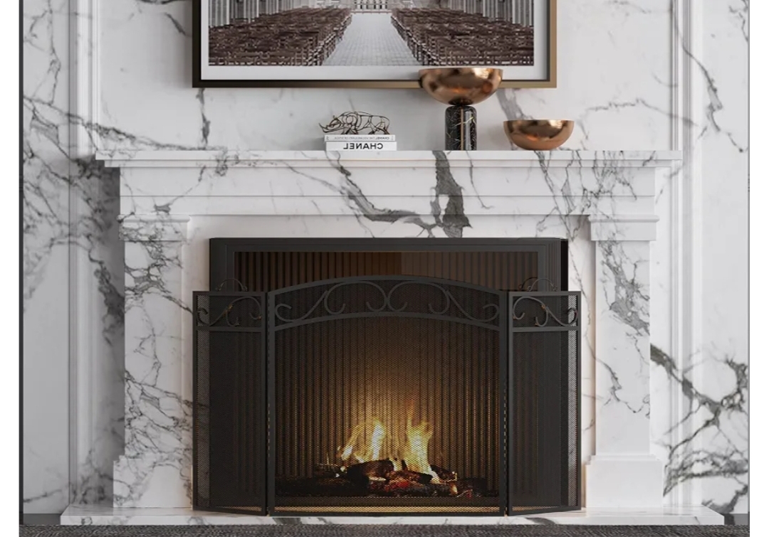 Fireplace Screen 3 Panel with Handles Wrought Iron 51"(L) x31(H) Spark Guard Cover (Sanded Black) - Image 9