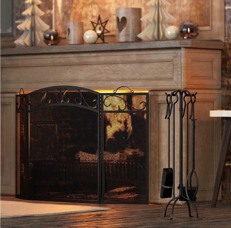 Fireplace Screen 3 Panel with Handles Wrought Iron 51"(L) x31(H) Spark Guard Cover (Sanded Black) - Image 10