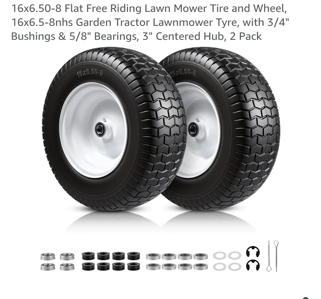 2pk 16x6.50-8 Flat Free Riding Lawn Mower Tire and Wheel, 16x6.5-8nhs Garden Tractor Lawnmower Tyre, with 3/4" Bushings & 5/8" Bearings, 3" Centered Hub, 2 Pack