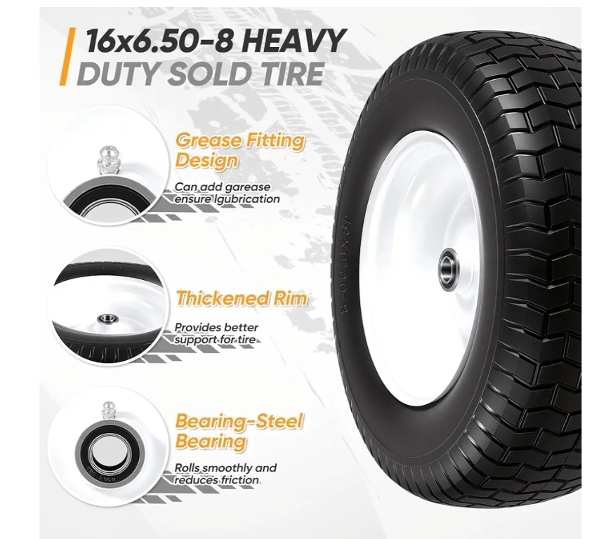 2pk 16x6.50-8 Flat Free Riding Lawn Mower Tire and Wheel, 16x6.5-8nhs Garden Tractor Lawnmower Tyre, with 3/4" Bushings & 5/8" Bearings, 3" Centered Hub, 2 Pack - Image 6