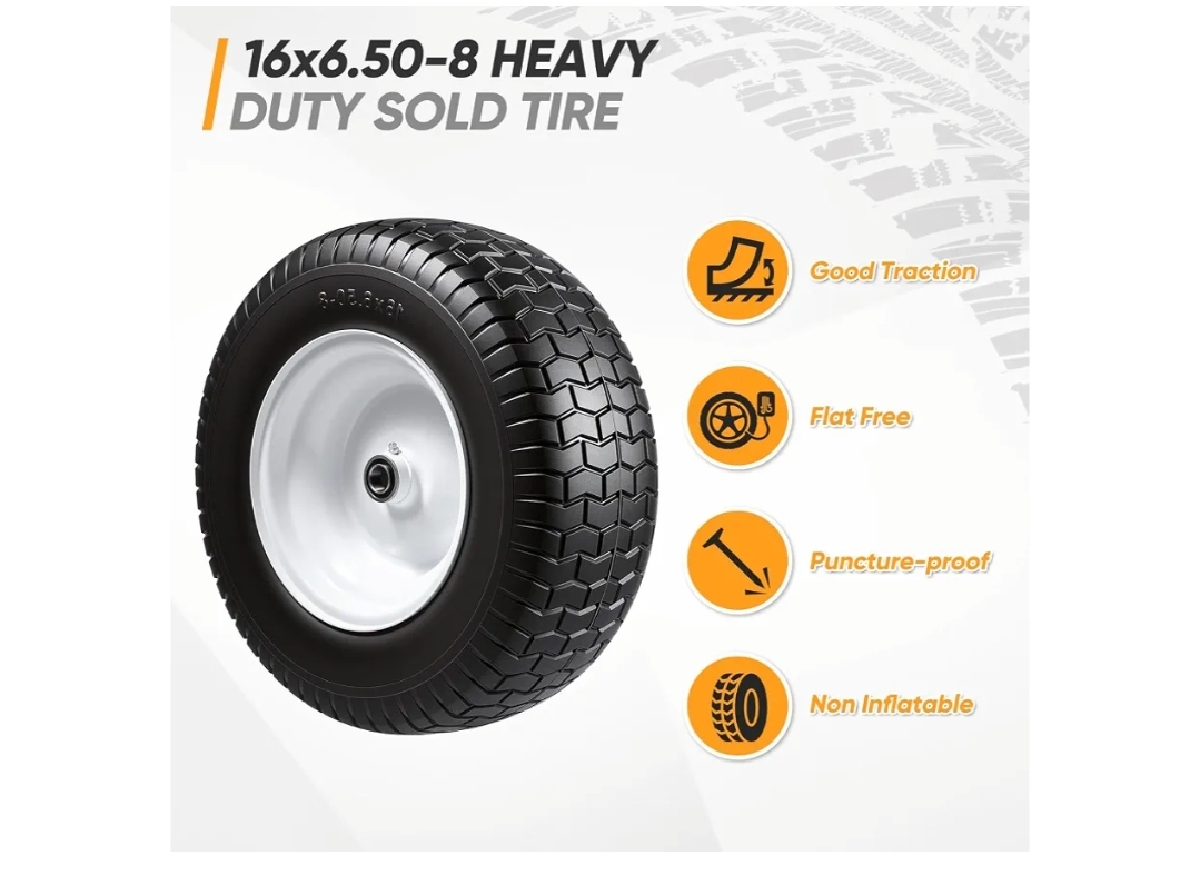 2pk 16x6.50-8 Flat Free Riding Lawn Mower Tire and Wheel, 16x6.5-8nhs Garden Tractor Lawnmower Tyre, with 3/4" Bushings & 5/8" Bearings, 3" Centered Hub, 2 Pack - Image 8