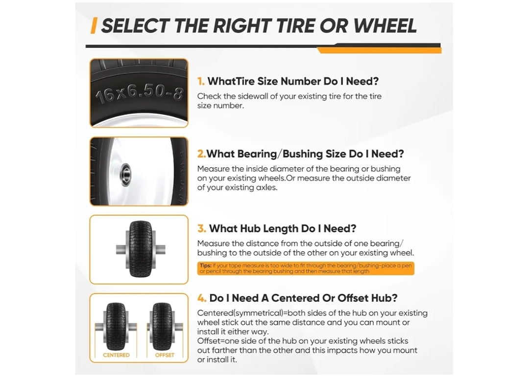 2pk 16x6.50-8 Flat Free Riding Lawn Mower Tire and Wheel, 16x6.5-8nhs Garden Tractor Lawnmower Tyre, with 3/4" Bushings & 5/8" Bearings, 3" Centered Hub, 2 Pack - Image 10