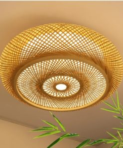 15.7 in Bamboo Woven Rattan-Style Ceiling Light, Boho Ceiling Light Fixture