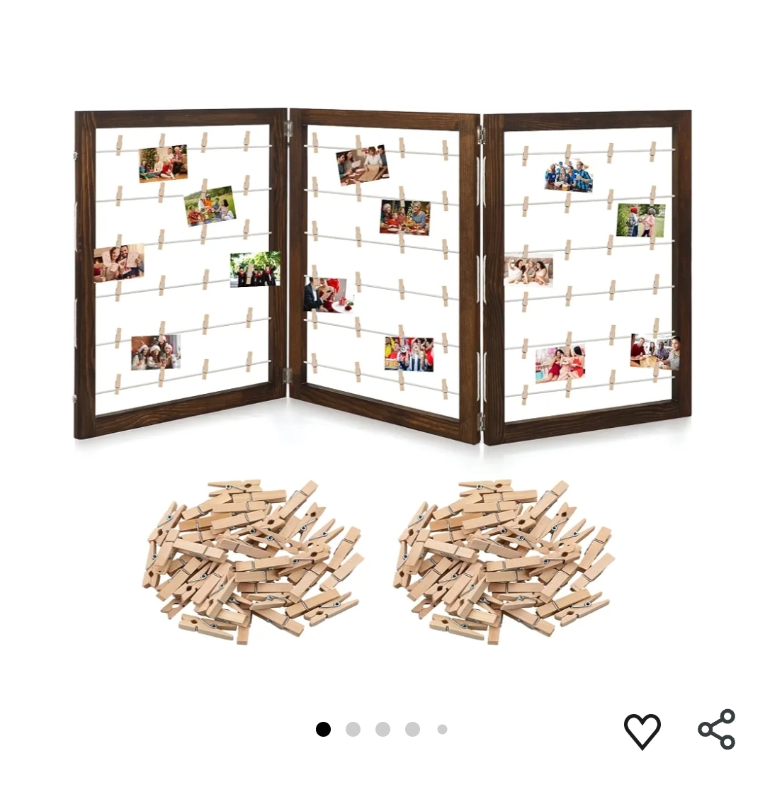 54 x 24 Inch Photo Display Board with Clip Farmhouse Picture Display Wooden Rustic Freestanding Picture Collage Frame Wedding Tabletop (3 Panel, Brown)