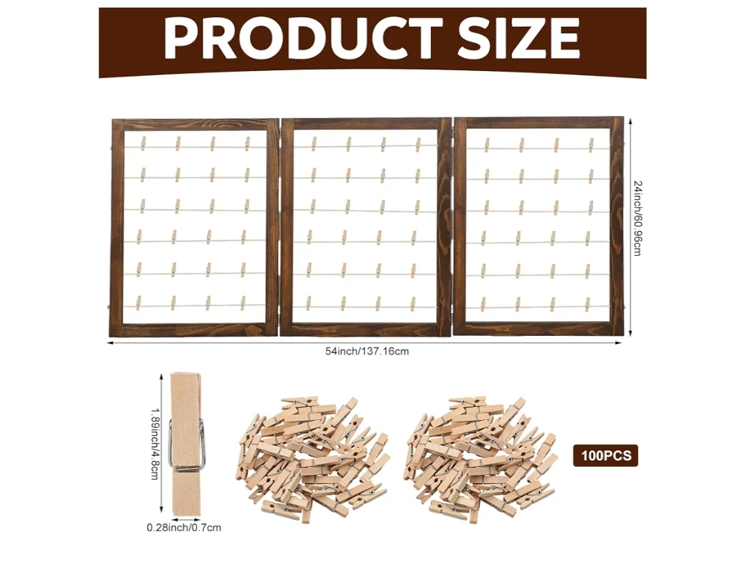 54 x 24 Inch Photo Display Board with Clip Farmhouse Picture Display Wooden Rustic Freestanding Picture Collage Frame Wedding Tabletop (3 Panel, Brown) - Image 5