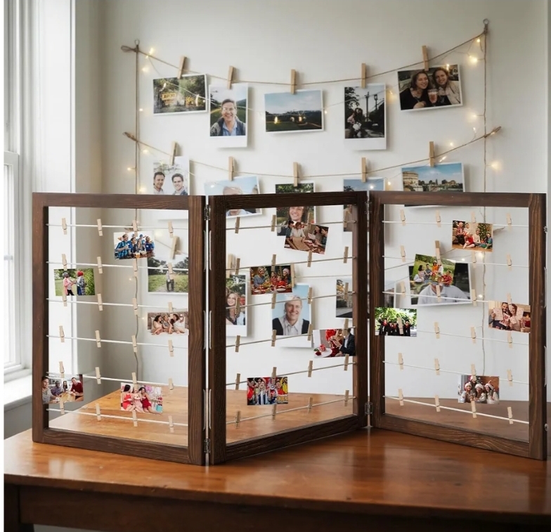54 x 24 Inch Photo Display Board with Clip Farmhouse Picture Display Wooden Rustic Freestanding Picture Collage Frame Wedding Tabletop (3 Panel, Brown) - Image 7