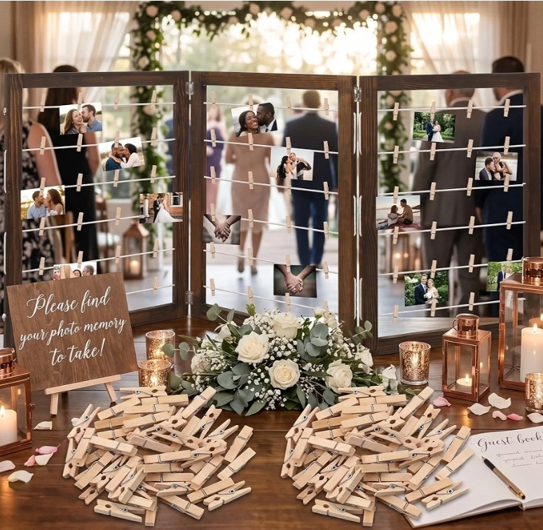 54 x 24 Inch Photo Display Board with Clip Farmhouse Picture Display Wooden Rustic Freestanding Picture Collage Frame Wedding Tabletop (3 Panel, Brown) - Image 8