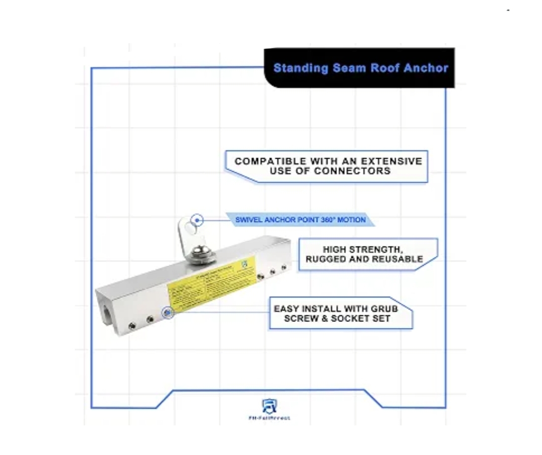 Fall Protection Standing Seam Roof Anchor Clamp with 360° Swivel Point | Fall Arrest Roofing Harness Safety Kit - Image 5