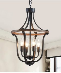12.6" Modern Farmhouse Chandelier 4 Light with Black Wood Grain Finish Geometric Cage Pendant