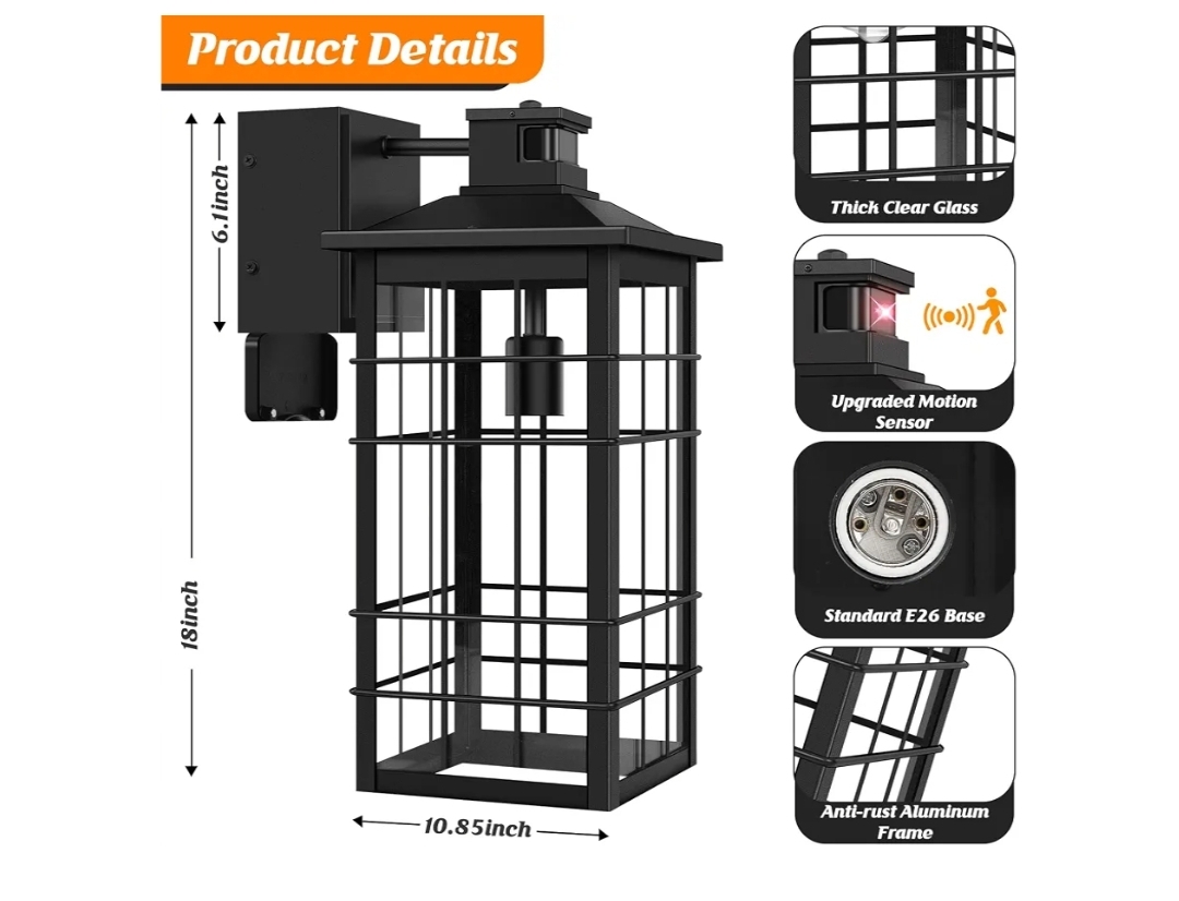 18 inch Large Size Motion Sensor Porch Light with GFCI Outlets, Dusk to Dawn Black Outdoor Wall Light Fixture - Image 9