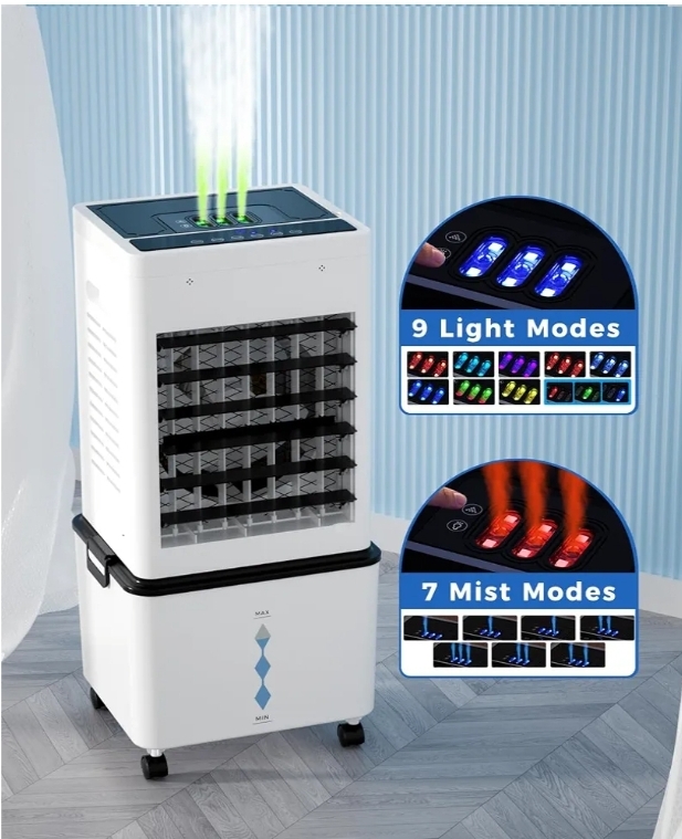 Evaporative Air Cooler Fan, Swamp Cooler Fan with 12L Removable Water Tank, 6 Speeds, Cooling Spray Modes & Lights, 24H Timer - Image 5