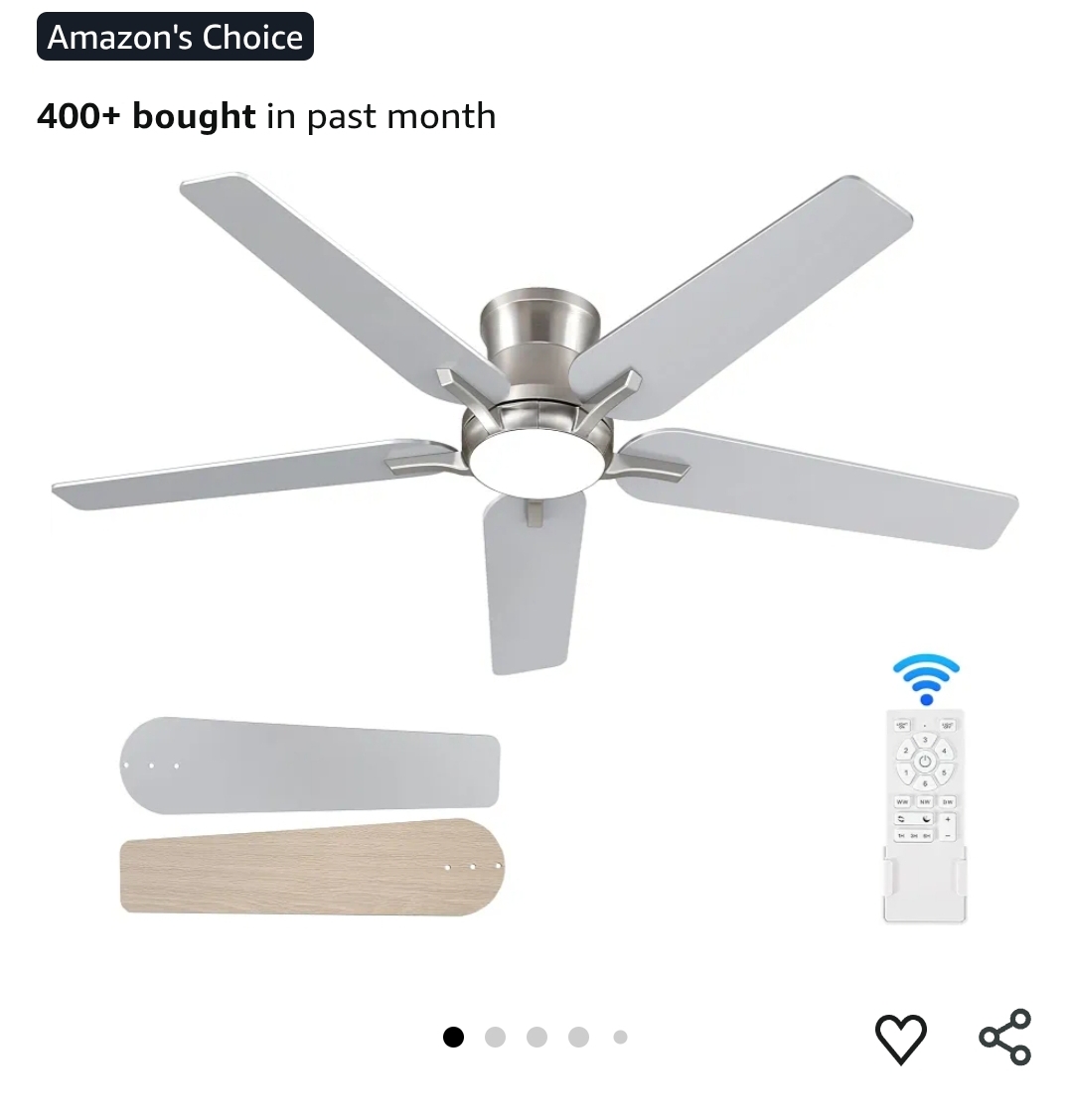 52 Inch Ceiling Fans with Lights and Remote, Brushed Nickel