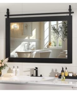 Farmhouse Bathroom Mirror, 40"x26" Rustic Wood Framed Wall Mounted Mirror, Black