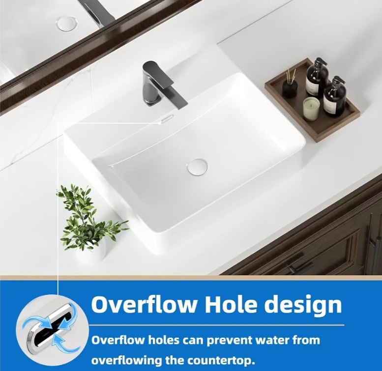 20" Ceramic Vessel Sink Rectangular Above Counter Wall Mount Vanity White - Image 10