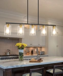 Black and Gold Dining Room Light Fixture Over Table, 5-Light Linear Chandelier Pendant