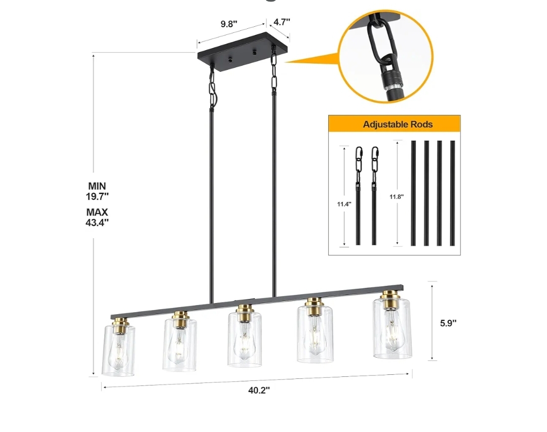 Black and Gold Dining Room Light Fixture Over Table, 5-Light Linear Chandelier Pendant - Image 8