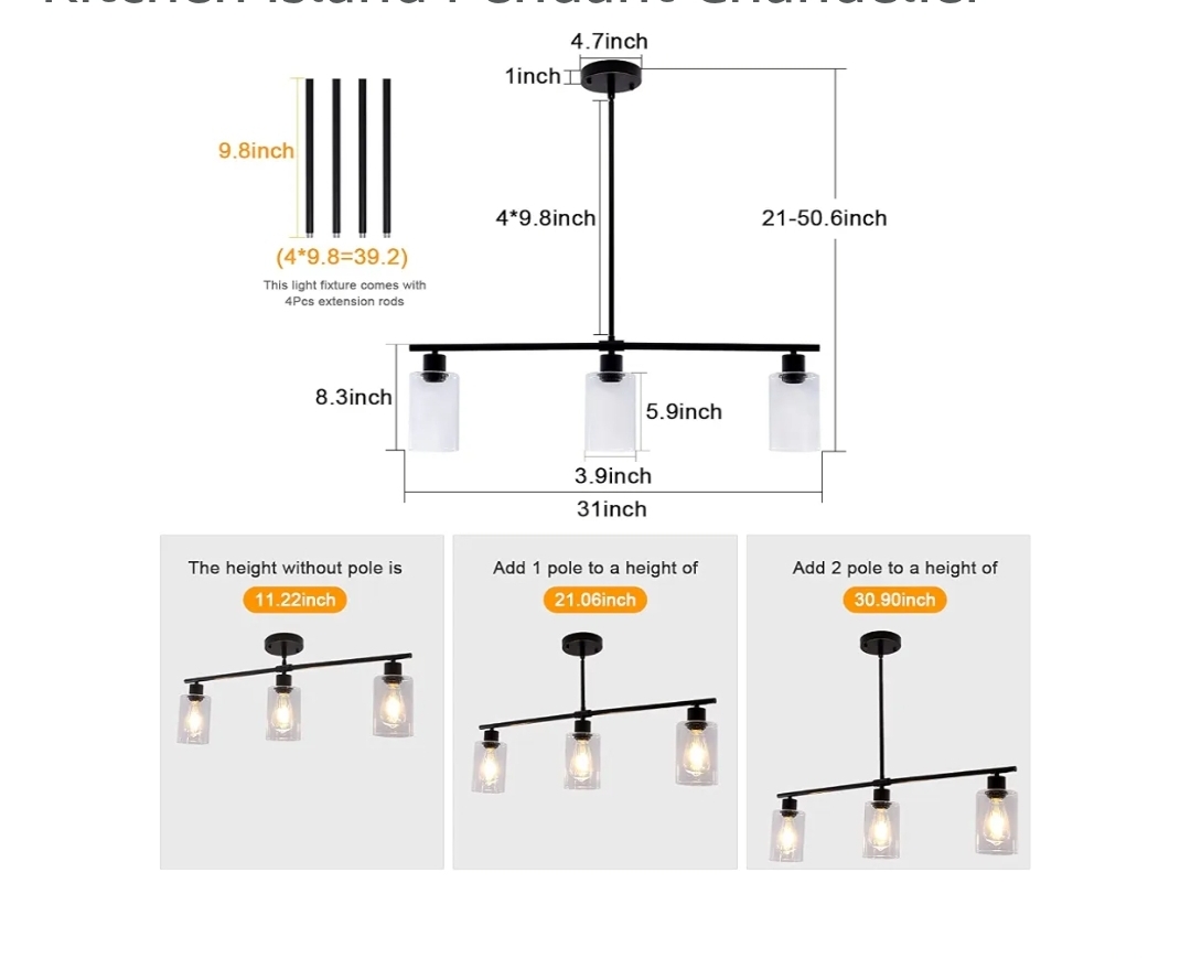 31" Black Linear 3-Light Clear Glass Kitchen Island Pendant Chandelier - Image 4