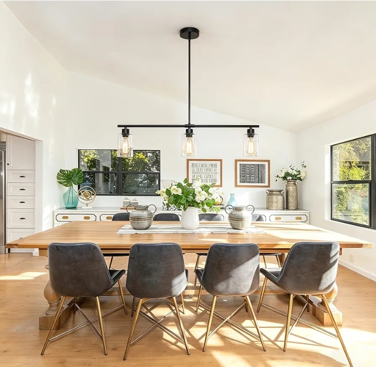 31" Black Linear 3-Light Clear Glass Kitchen Island Pendant Chandelier - Image 9