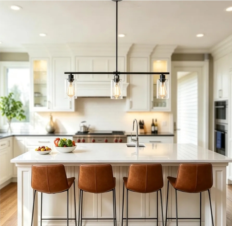 31" Black Linear 3-Light Clear Glass Kitchen Island Pendant Chandelier - Image 10