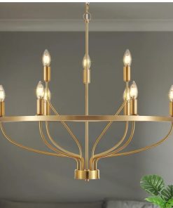 30" Brassy Gold Chandelier, 9-Light Modern Farmhouse Candle Light Fixture