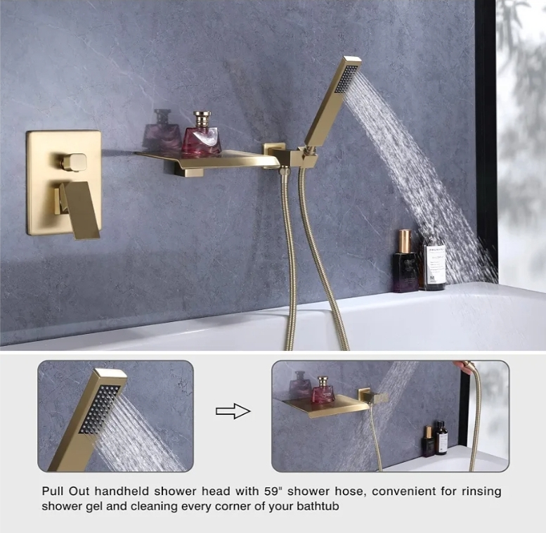 Taplong Wall Mount Tub Faucets with Waterfall Tub Spout Brushed Gold - Image 12