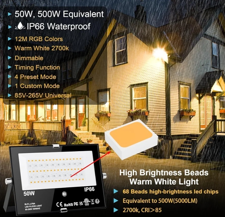 6pk LED Flood Light Outdoor 500W Equivalent Color Changing Landscape Lighting, 24H Timing+120 Colors Strobe+2700K Warm White+DIY Flash, IP66 Waterproof - Image 5