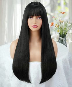 Long Black Wig with Bangs Natural Matte Black Straight Wigs
