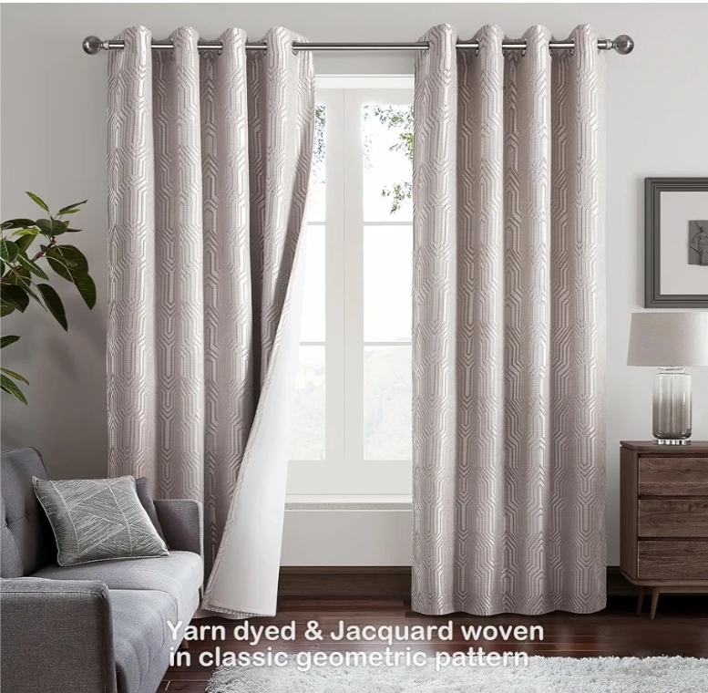2pc Mocha and Silvery 100% Blackout Curtains 96 Inch Length 2 Panels, Jacquard Thermal Insulated Noise Reducing Grommet Drapes - Image 5