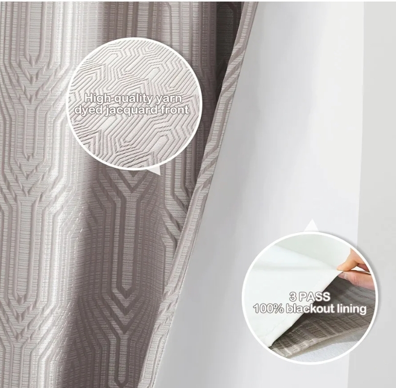 2pc Mocha and Silvery 100% Blackout Curtains 96 Inch Length 2 Panels, Jacquard Thermal Insulated Noise Reducing Grommet Drapes - Image 7