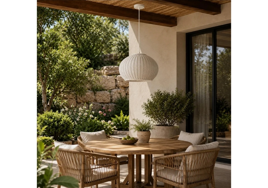 15 Inch White Outdoor Rattan Pendant Light - Image 8