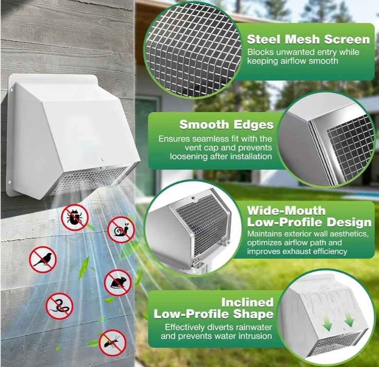 8 Inch Hooded Dryer Vent Cover Wall Vent Cover with Damper and Screen Dryer Exhaust Vent Cover Cap - Image 6