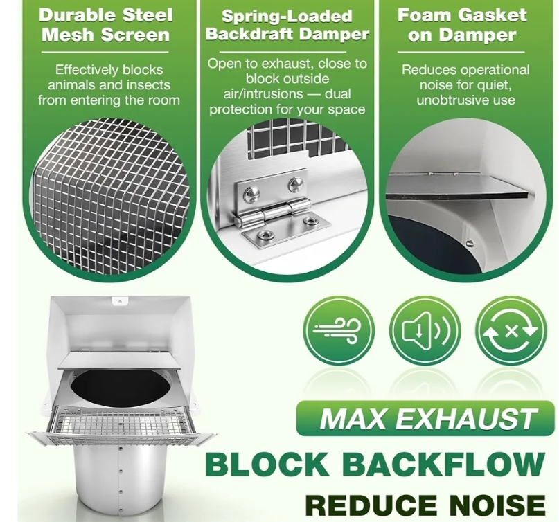 8 Inch Hooded Dryer Vent Cover Wall Vent Cover with Damper and Screen Dryer Exhaust Vent Cover Cap - Image 8