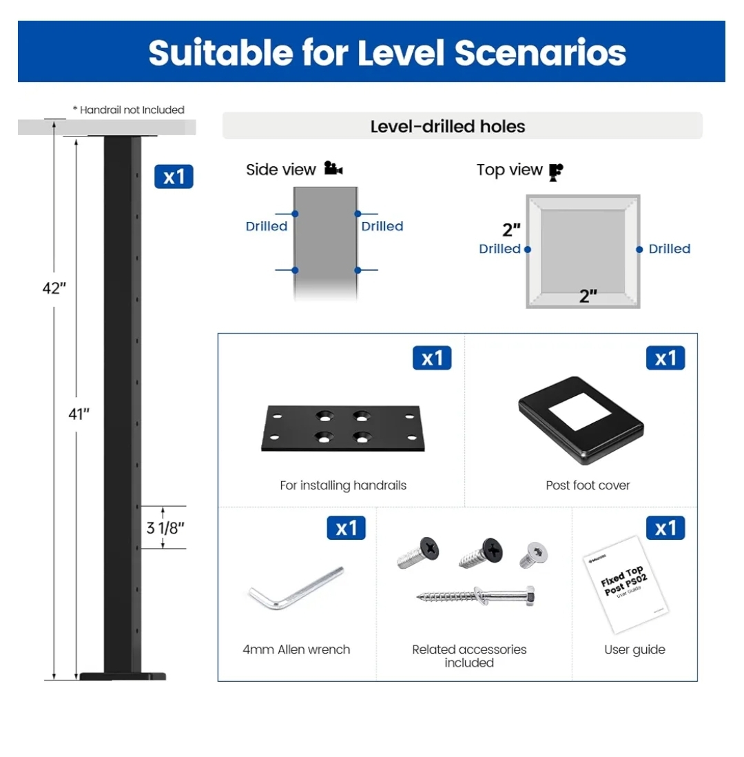 42" Black Cable Railing Post Surface Mount Level Drilled - Image 4