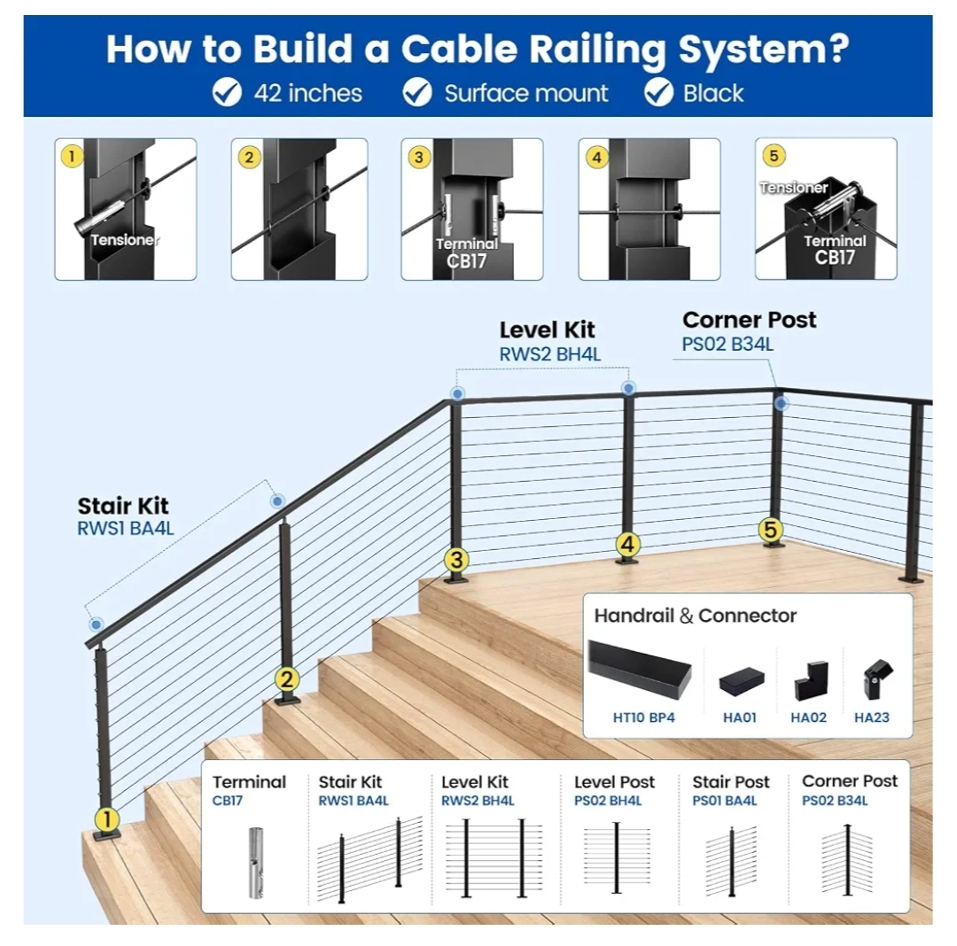 42" Black Cable Railing Post Surface Mount Level Drilled - Image 7