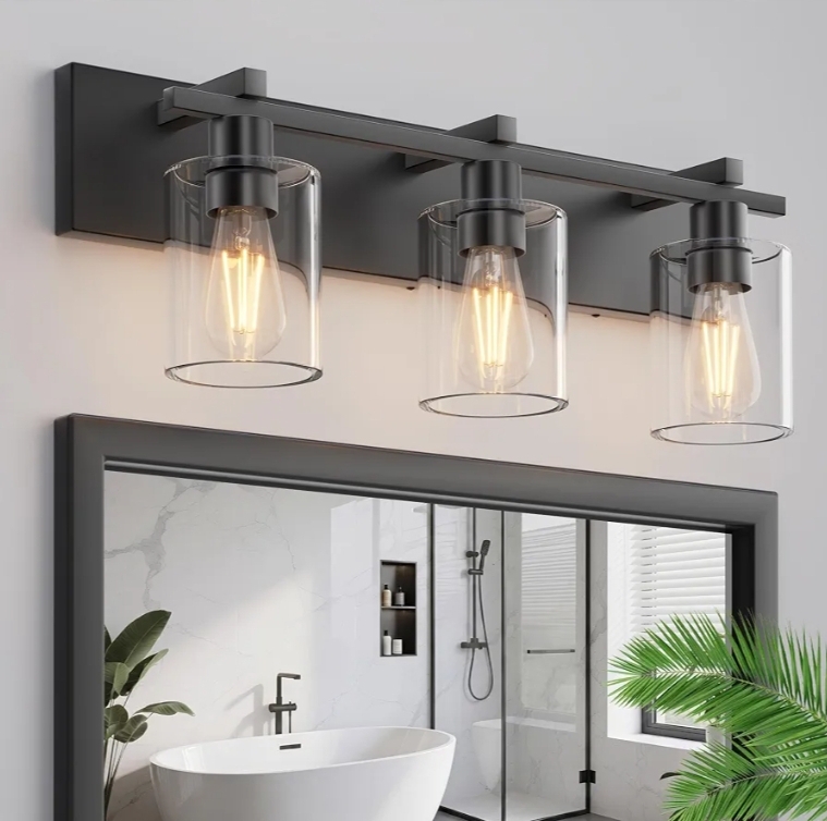 3 Light Matte Black Vanity Light with Thickened Clear Glass Shade, 21 inch Dimmable