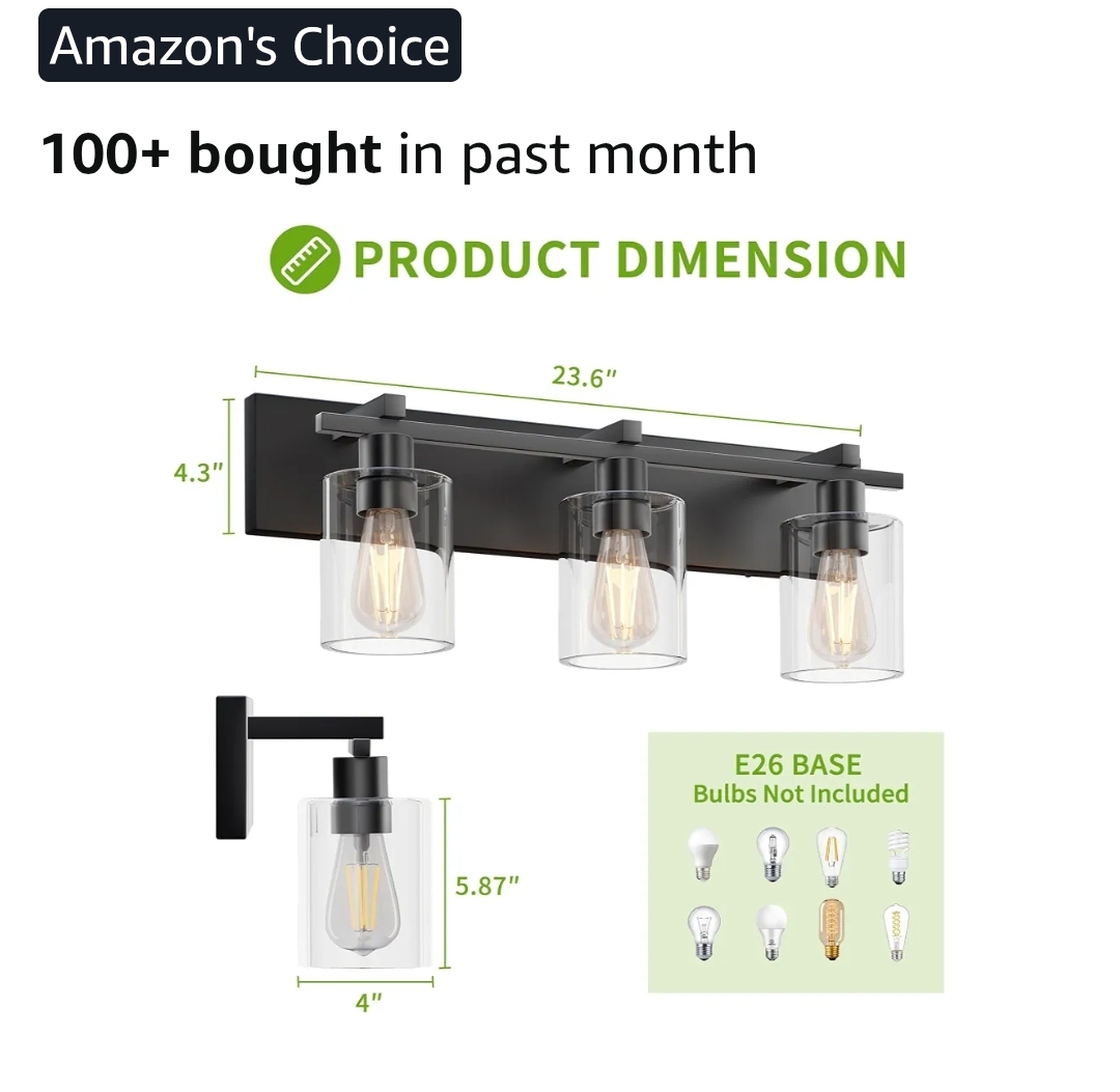 3 Light Matte Black Vanity Light with Thickened Clear Glass Shade, 21 inch Dimmable - Image 5