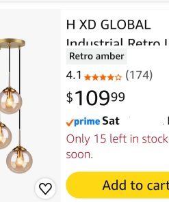 Alternative view of GLOBAL Industrial Retro Loft 3 Way Pendant Light, Cluster Chandelier Hanging Lamp Fixture Brass Fittings with Glass Globe Lampshade (Amber)