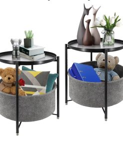 Nightstand Set of 2, Round End Tables with Fabric Storage Basket