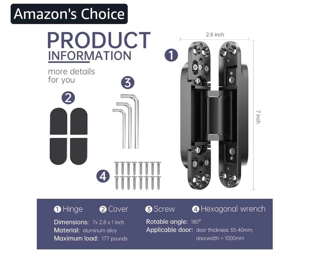 4PCS 7 Inch Invisible Concealed Door Hinges 180 Degree Swing Hinge (Black) - Image 5