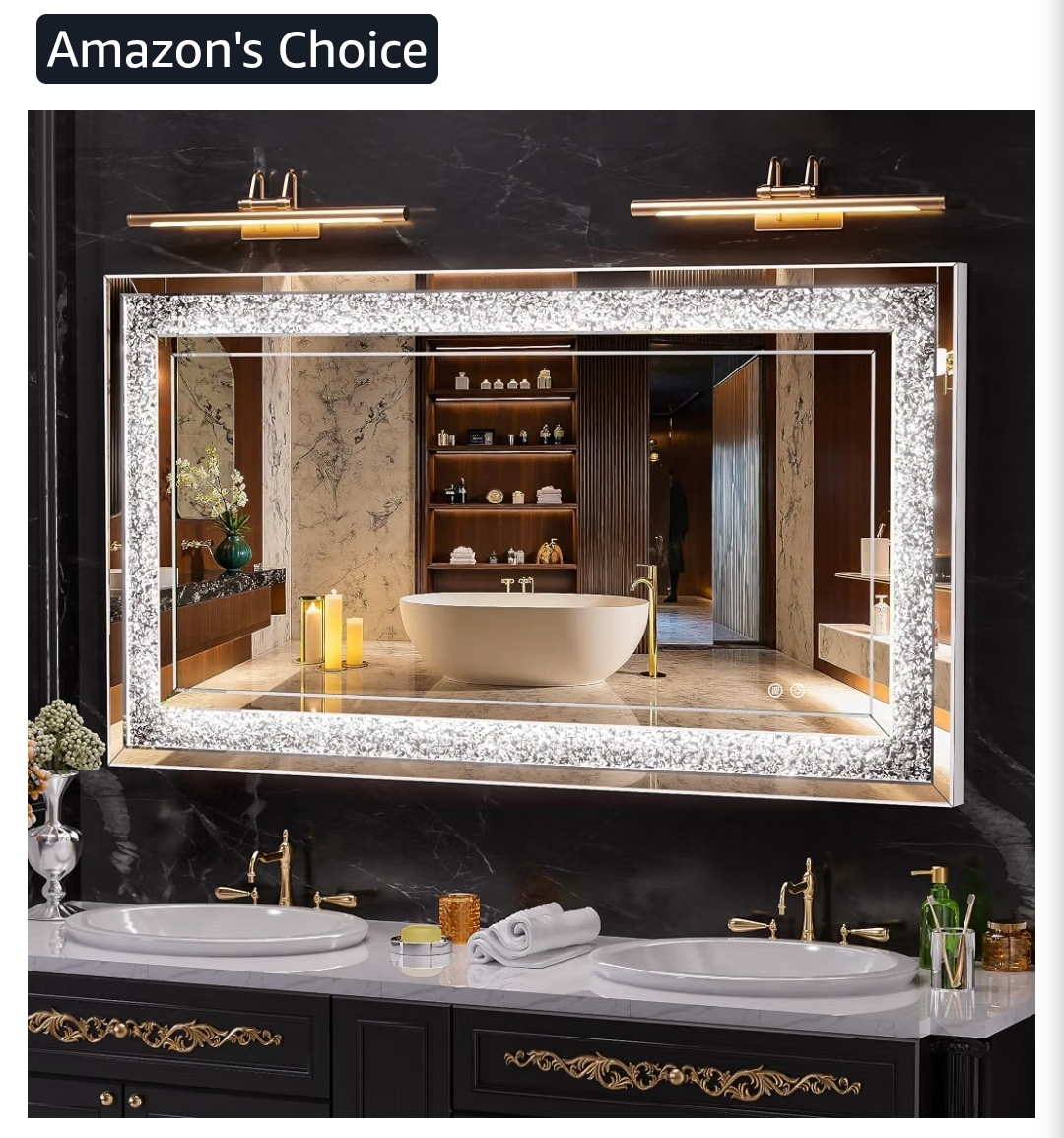 47" x 26" LED Diamond Wall Mirror, Dim & Anti-Fog, Crystal glass, dimmable & anti-fog, mounts vertical/horizontal