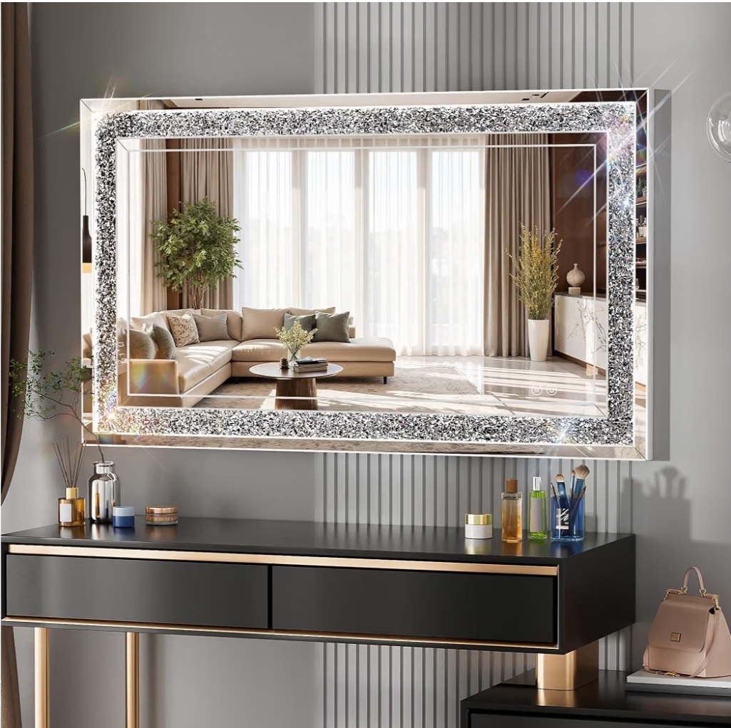 47" x 26" LED Diamond Wall Mirror, Dim & Anti-Fog, Crystal glass, dimmable & anti-fog, mounts vertical/horizontal - Image 6