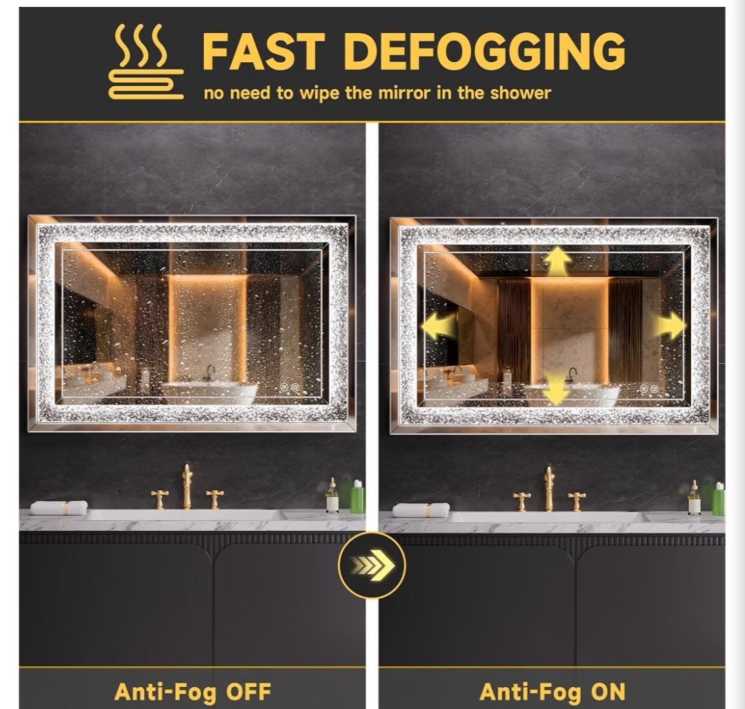 47" x 26" LED Diamond Wall Mirror, Dim & Anti-Fog, Crystal glass, dimmable & anti-fog, mounts vertical/horizontal - Image 8