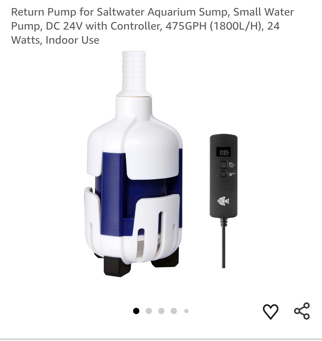 Return Pump for Saltwater Aquarium Sump, Small Water Pump, DC 24V with Controller, 475GPH (1800L/H), 24 Watts, Indoor Use