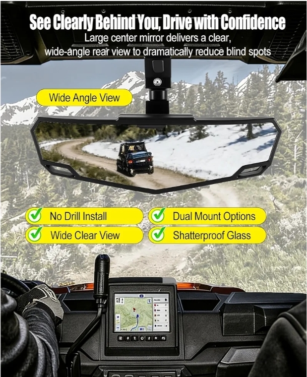 UTV Rear View Mirror Fit, Shatterproof Center Mirror, Adjustable Angle - Image 5