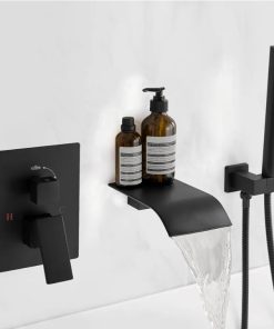 Wall Mount Bathtub Faucet Waterfall Tub Faucet with Handheld Sprayer, Black, 2 in 1 Handheld