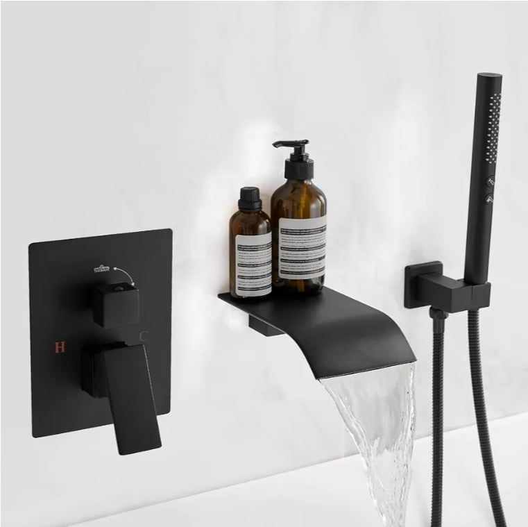 Wall Mount Bathtub Faucet Waterfall Tub Faucet with Handheld Sprayer, Black, 2 in 1 Handheld