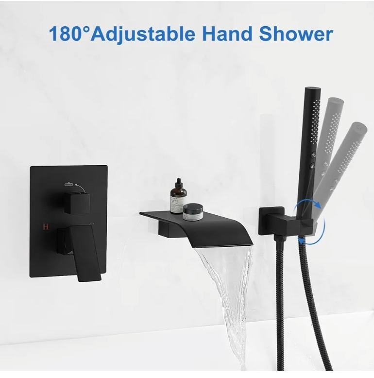 Wall Mount Bathtub Faucet Waterfall Tub Faucet with Handheld Sprayer, Black, 2 in 1 Handheld - Image 5